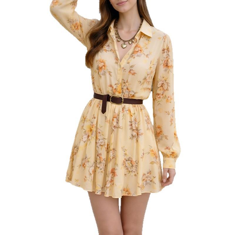 Women's spring new, European and American dresses, fashionable French printed V-neck dresses