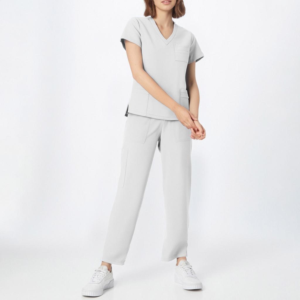 Женский однотонный топ с короткими рукавами и V-образным вырезом, карманами, рабочая одежда, комплект из двух предметов