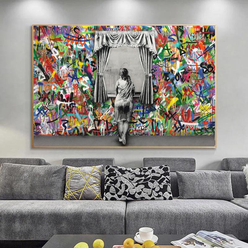 Banksy Scenes Girl Street Graffit Canvas Painting Modern Posters and Prints Wall Art Pictures for Living Room Wall Decor Cuadros