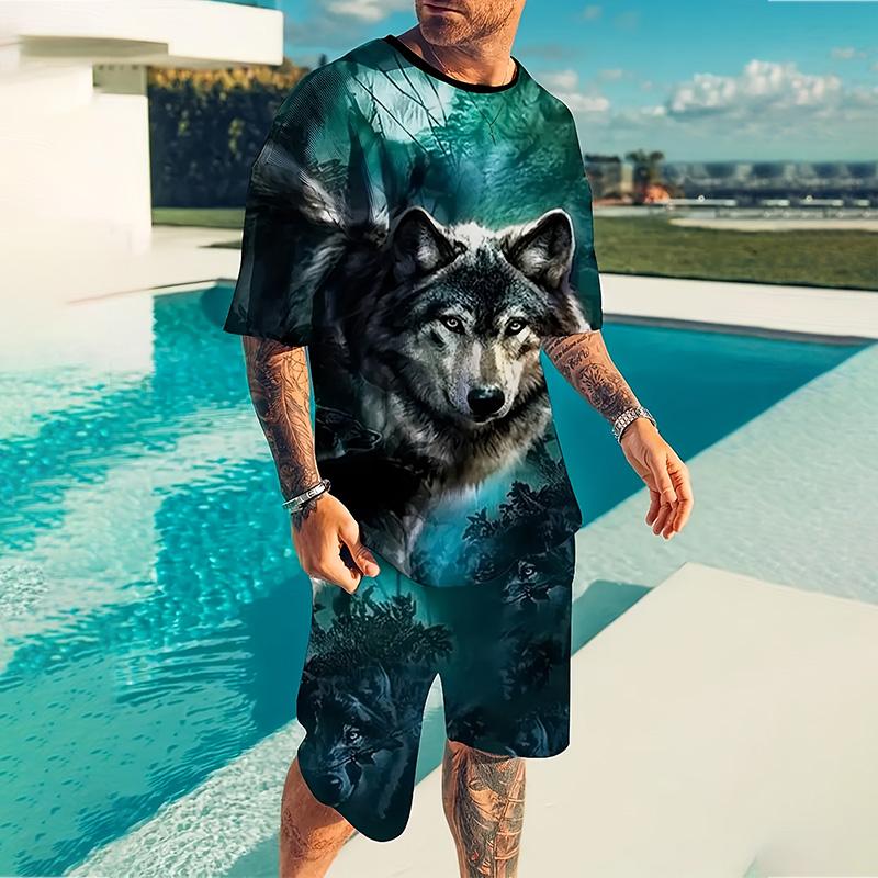Мужской костюм, летний повседневный дышащий освежающий костюм с принтом 3D волка, свободный мужской топ, модный, короткие рукава