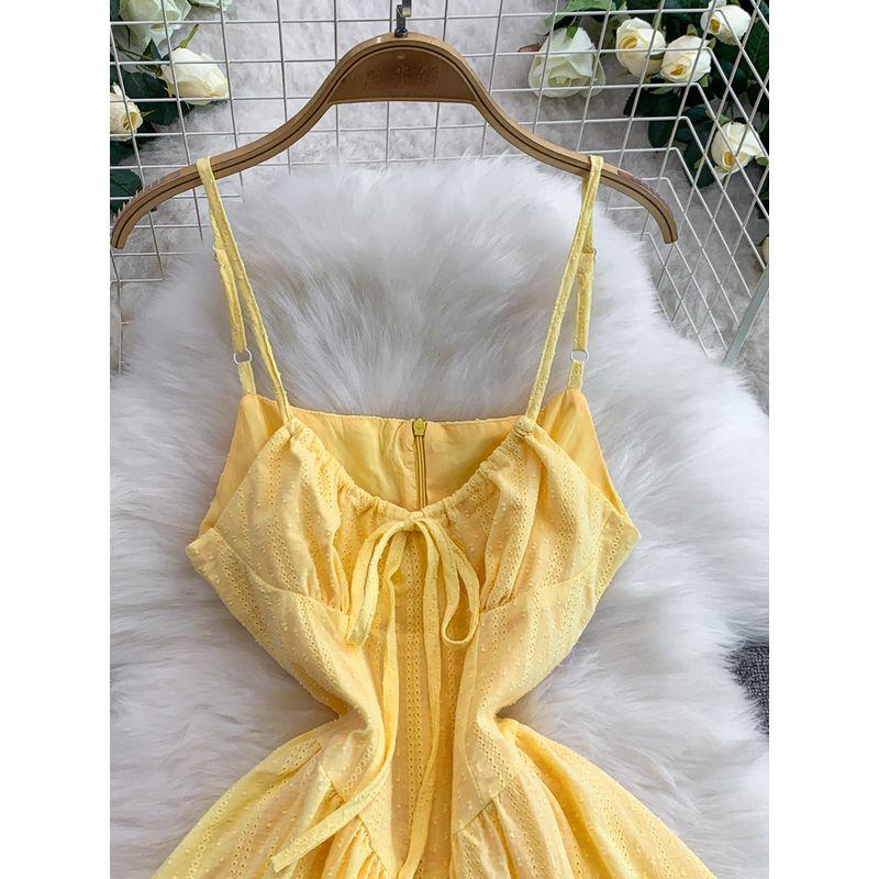 French style Pure Desire Lace-up V-neck Sling Dress Women Summer New Lace Embroidery Waist Slimming Cake Skirts