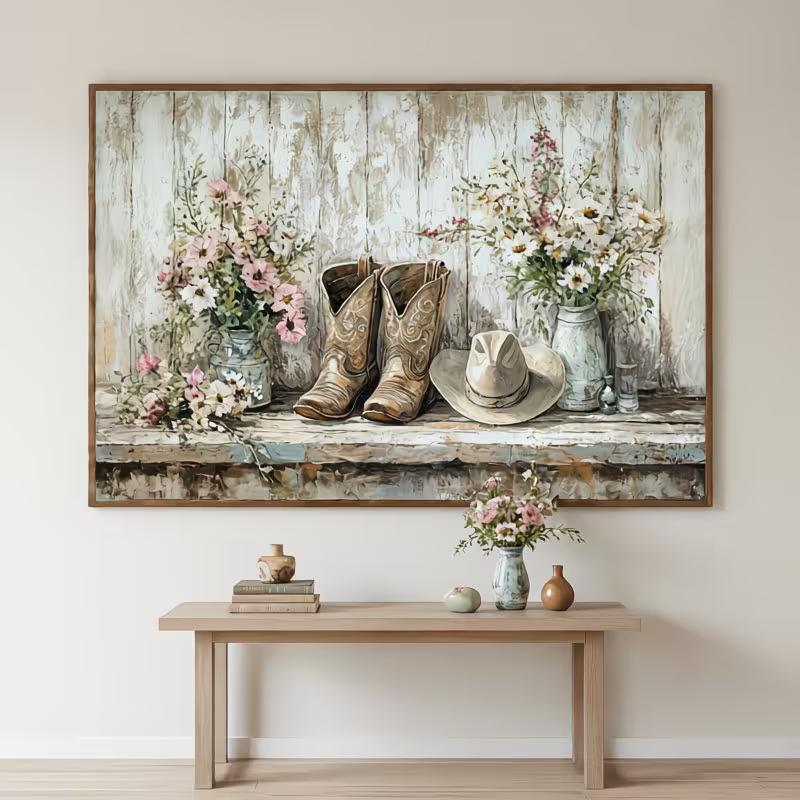 1pc Rustic Cowboy Boots & Hat Canvas Art Print Frameless Country Style Wall Decor with Floral Accents, Perfect for Bedroom, Living Room, Office, Cafe