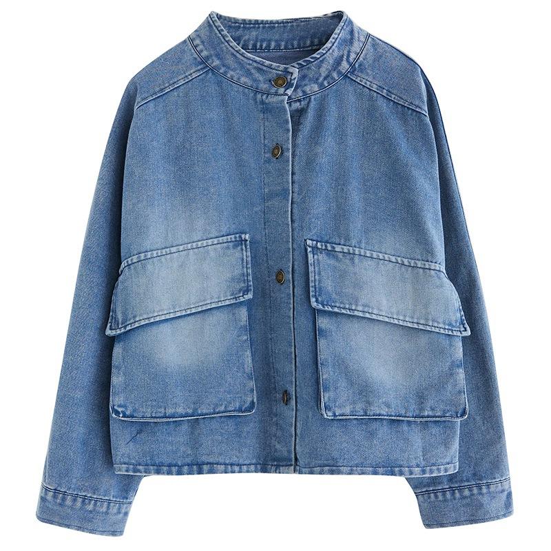 Свободные джинсовые куртки с большим карманом и воротником-стойкой для женщин, с длинным рукавом, свободная верхняя одежда с длинным рукавом, женское пальто 2025 Осень