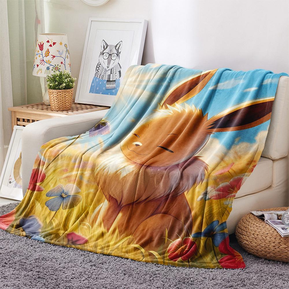 Cute Eevee Print Flannel Blanket, High quality Comfortable for All Seasons, Home Decor, Warmth and Comfort