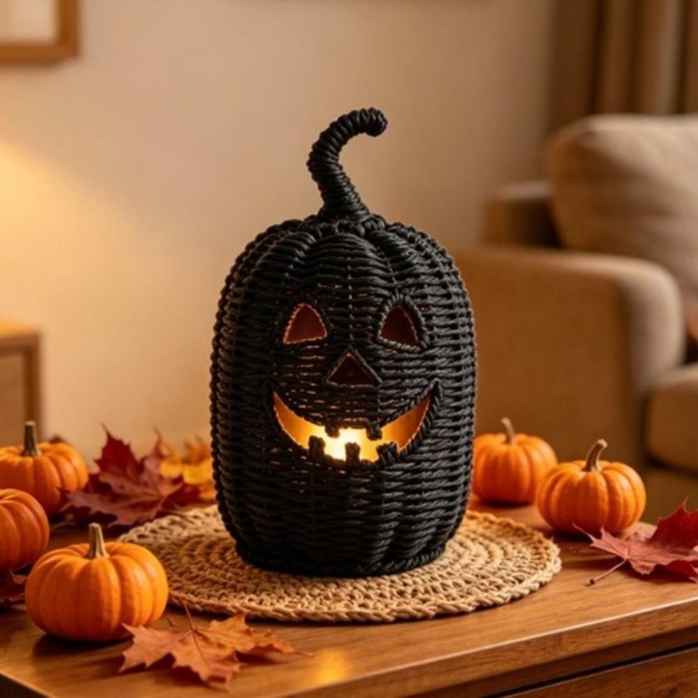 Woven Texture Halloween Pumpkin Statue Vintage Pumpkin Candle Holder Desk Display