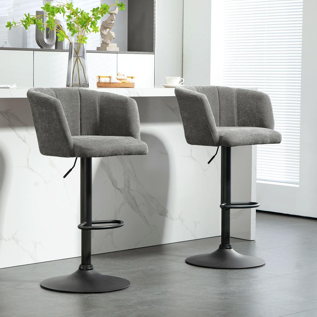 Bar Stool Set of 2, Shell Back, Height-Adjustable, Footrest, for Kitchen or Dining Room, Metal Base, Dark Grey