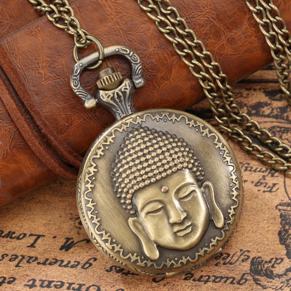 Винтажные бронзовые мужские и женские кварцевые карманные часы с подвеской в виде арабских цифр, карманные часы с цепочкой, креативная голова Будды, старомодные карманные часы для папы