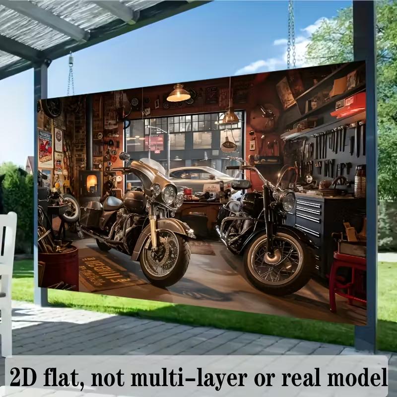 2D Vintage Motorcycle Garage Backdrop Banner - Biker Party Photo Background