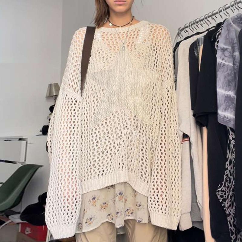 Crochet Sweater Pullovers Oversized Loose Holes Knitted Jumper Smock Y2k Harajuku Streetwear Sweater