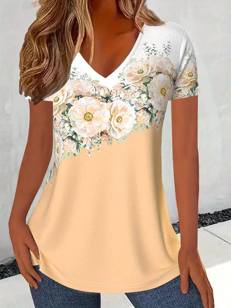 Fashion Women's Short Sleeved Floral Print T-Shirt Top V Neck Color Blocking Casual Commuter TShirt