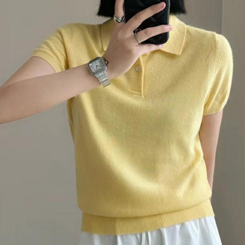 IHUASU Футболка с воротником-поло из шерсти, женская, весенне-летняя, кашемировый универсальный, с короткими рукавами, модный джемпер