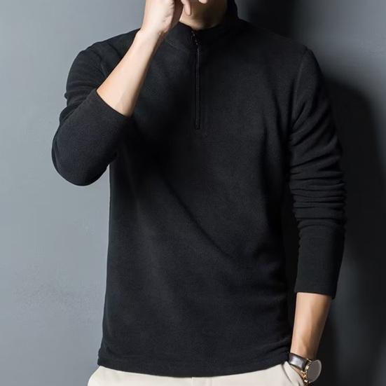 Men Fall Winter Sweatshirt Zipper Stand Collar Long Sleeve Thick Polar Fleece Solid Color Long Sleeve Neck Protection Mid Length Soft Casual