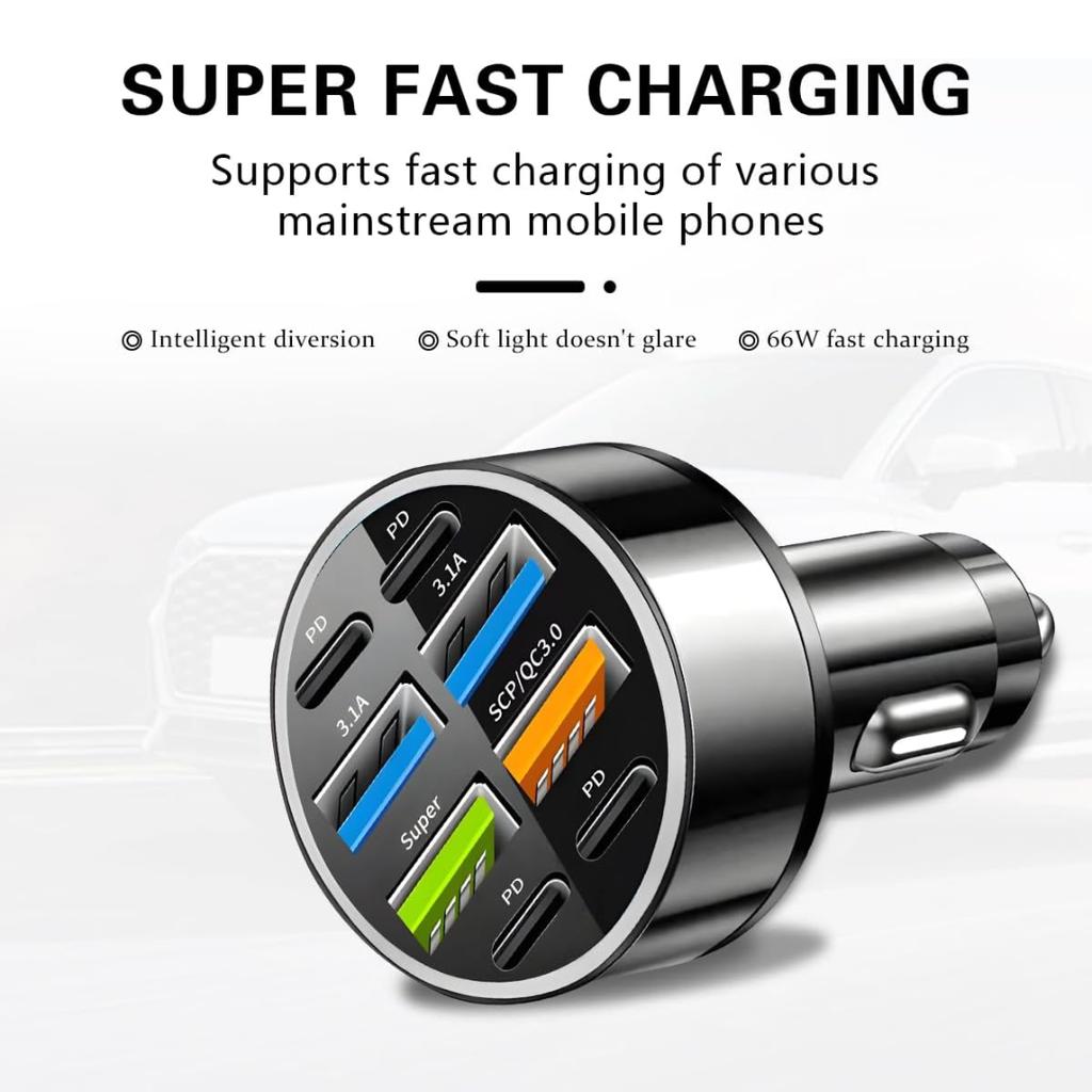 Автомобильное зарядное устройство на 8 портов 66 Вт 12–24 В с PD и QC 3.0, светодиодный вольтметр, универсальное для смартфонов, разъем для прикуривателя, автомобильные аксессуары
