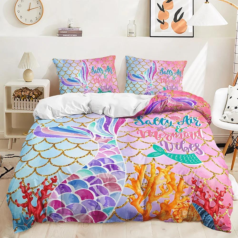 Cartoon Mermaid Bedding Set Comfortable Duvet Quilt Cover Pillowcase Bedding Set Children Bedroom Decoration Home Textile