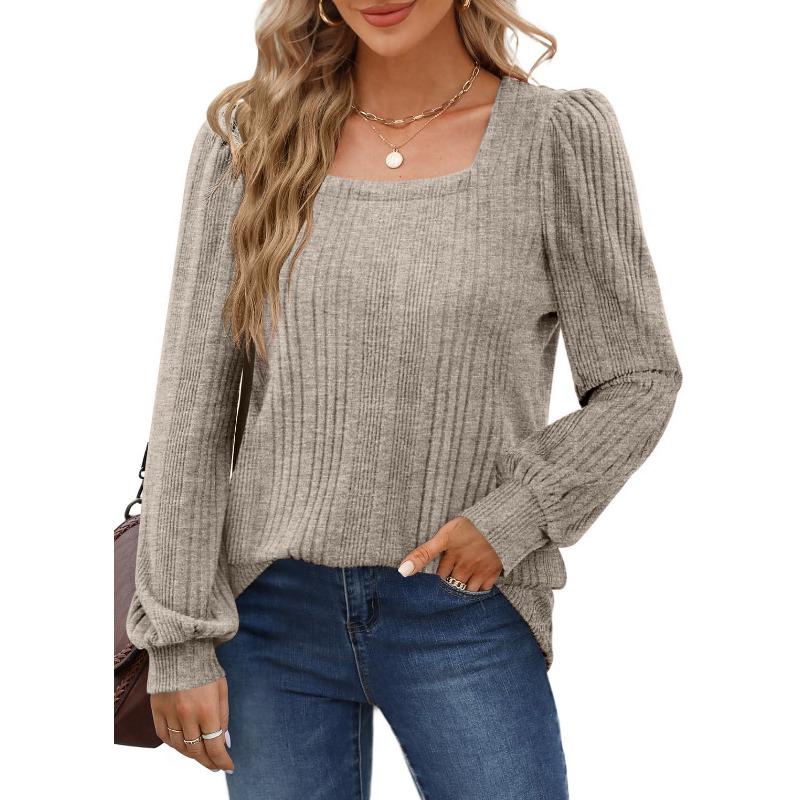 Spring and Autumn Women's Blouse Pit Stripe Brushed Square Neck Fashion Lantern Sleeve Long Sleeve Top
