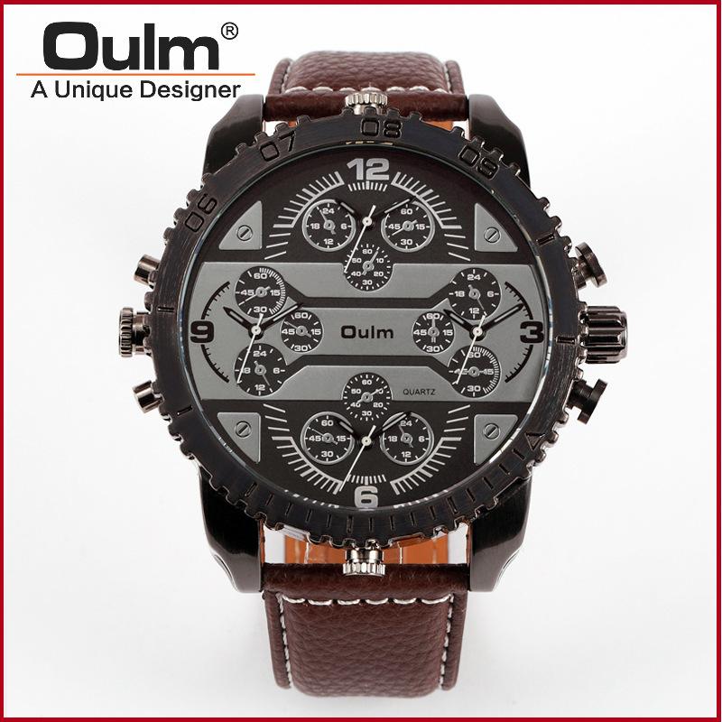 Fashion OULM Brand Ultra-cool Men's 4-time Zone Large Dial Casual Watch With Genuine Leather Strap & Luminous Quartz Movement