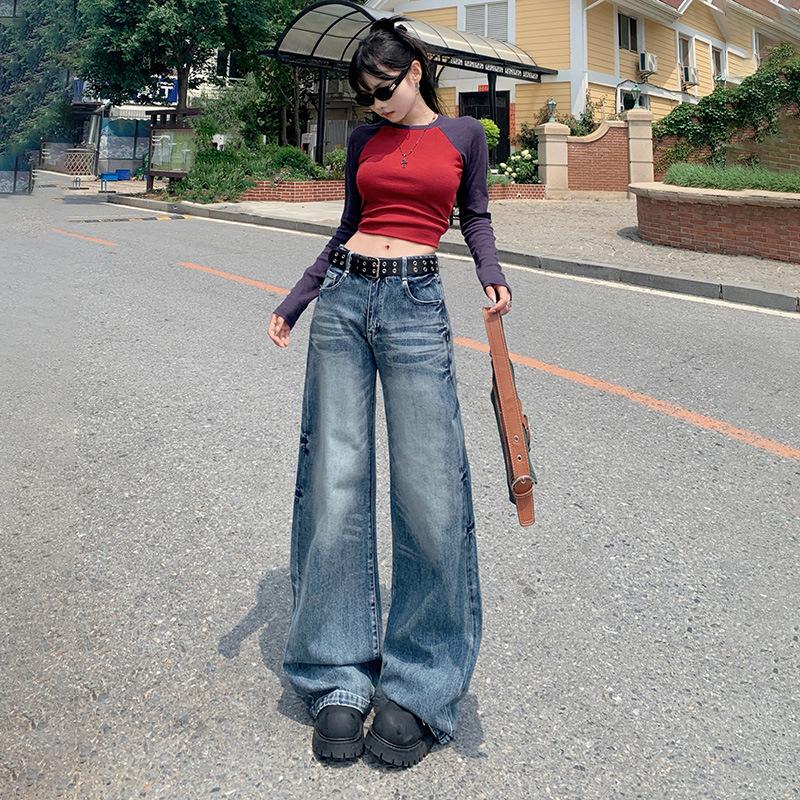 Женские джинсы клеш с широкими штанинами и высокой посадкой в стиле ретро на осень 2024 года
