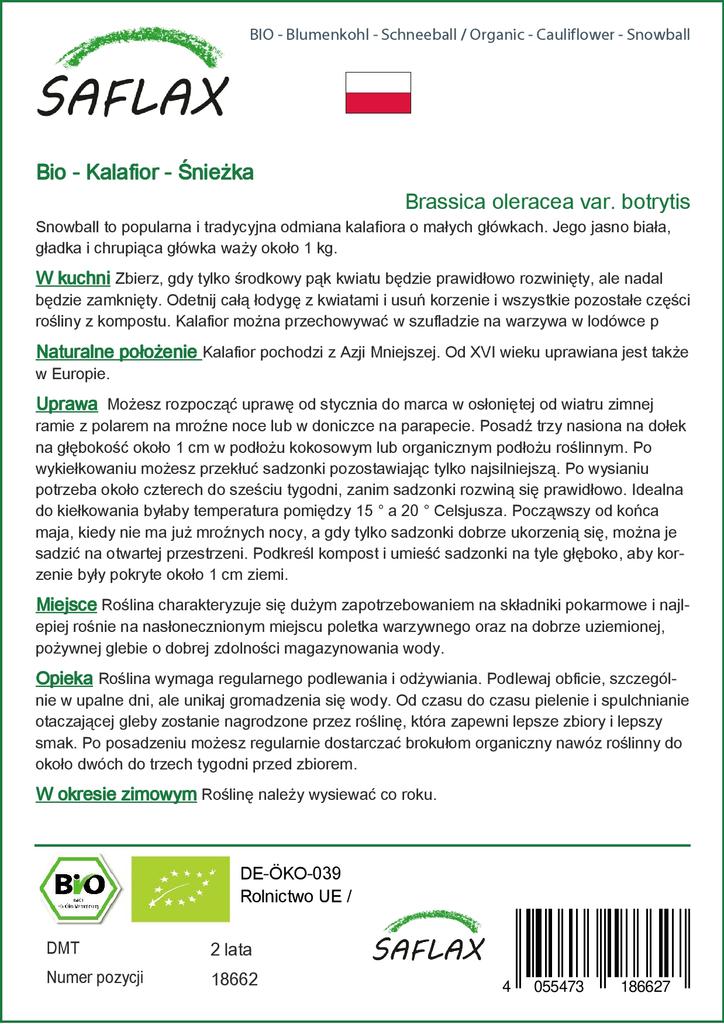 SAFLAX Organic - Цветная капуста - Снежок - 70 семян - Brassica oleracea