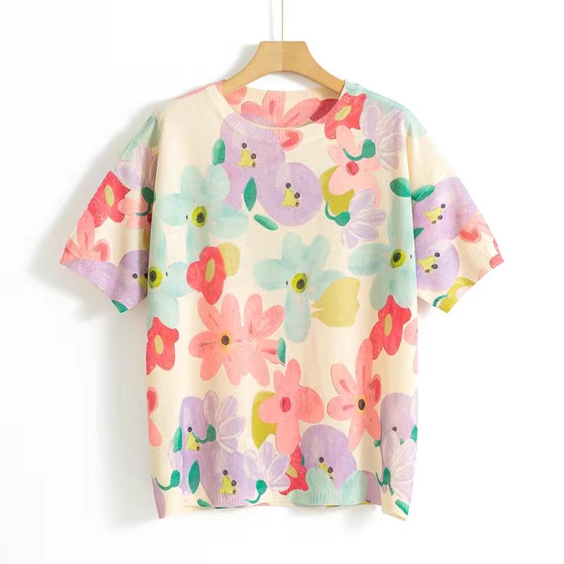 Вязаные топы с короткими рукавами Весенние трикотажные пуловеры с цветочным принтом Женская повседневная футболка с круглым вырезом