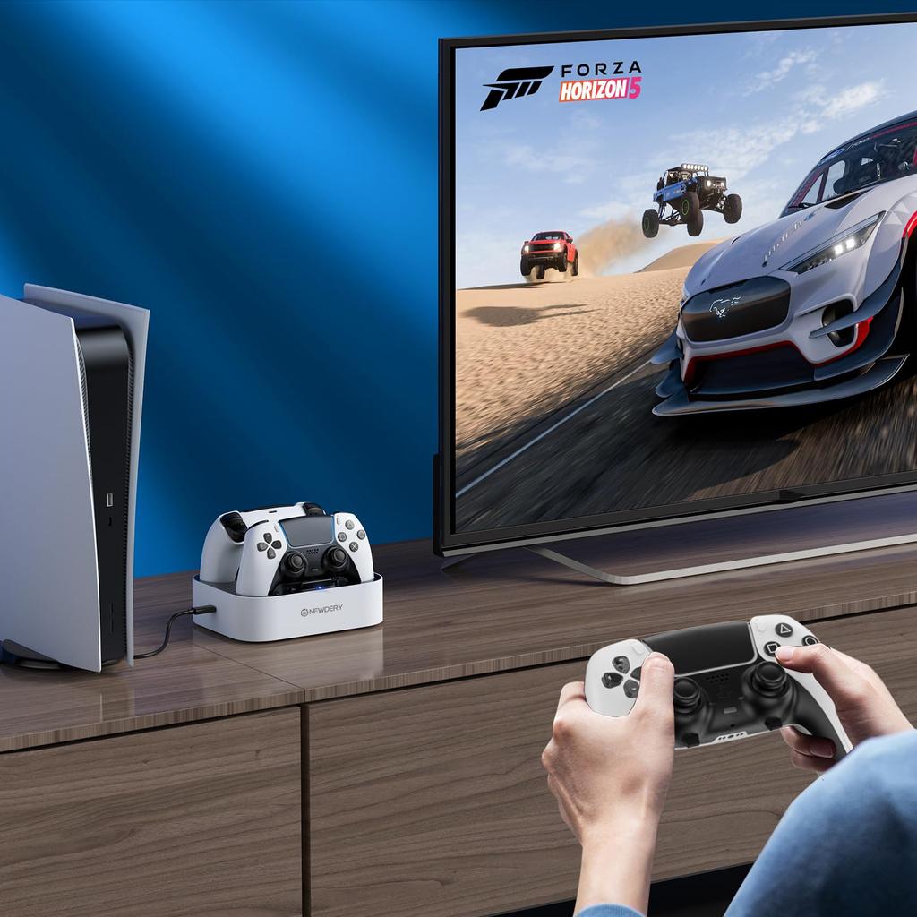 Зарядная станция NEWDERY для PS5 Быстрая одновременная зарядка 2 Легкая Перезарядка Кабель Светодиодный индикатор Белый Контроллеры, Зарядка, Контроллеры,