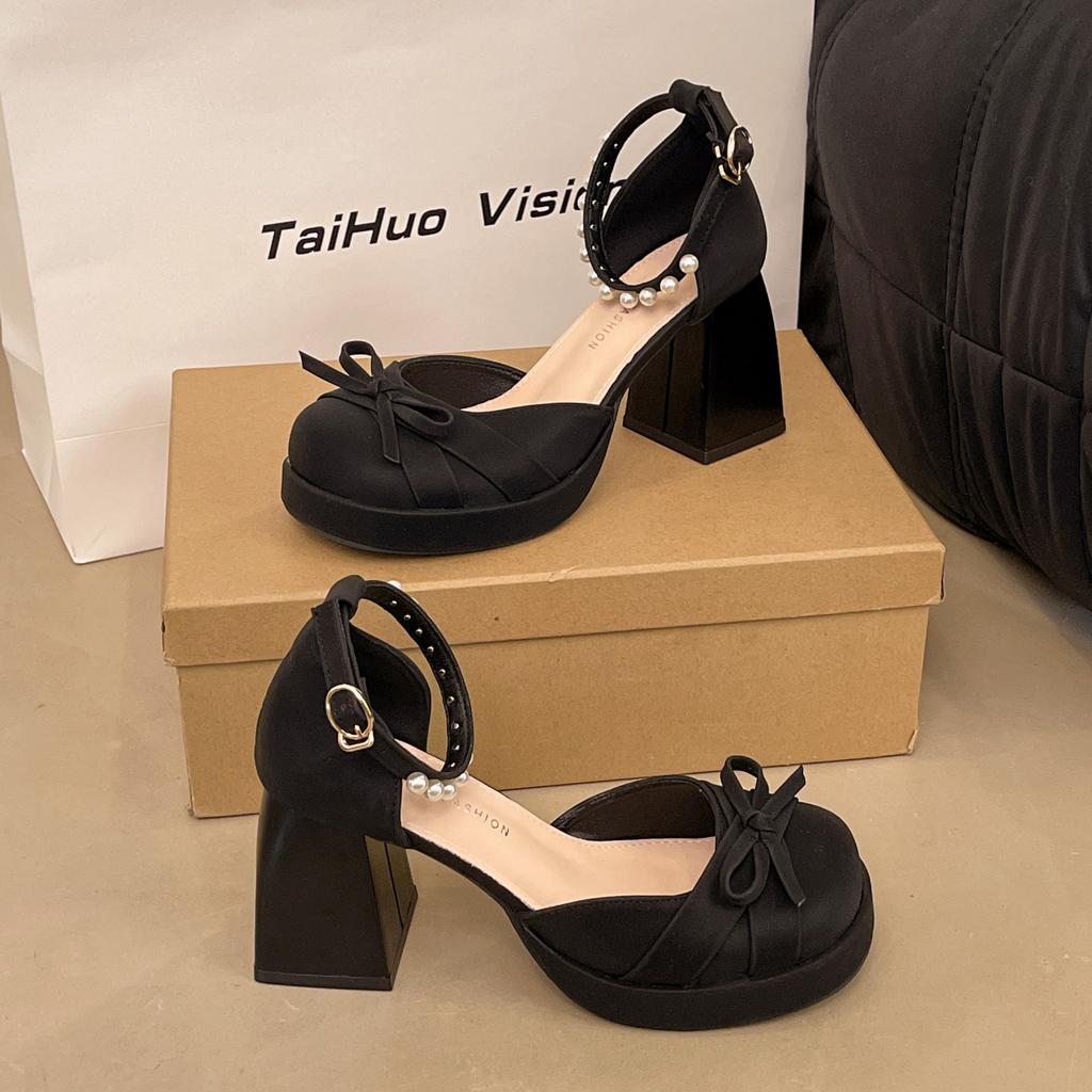 French Sandals Spring 2025 New Popular New Chinese Bow High Heels Temperament Leather Shoes Fairy Single Shoes Woman