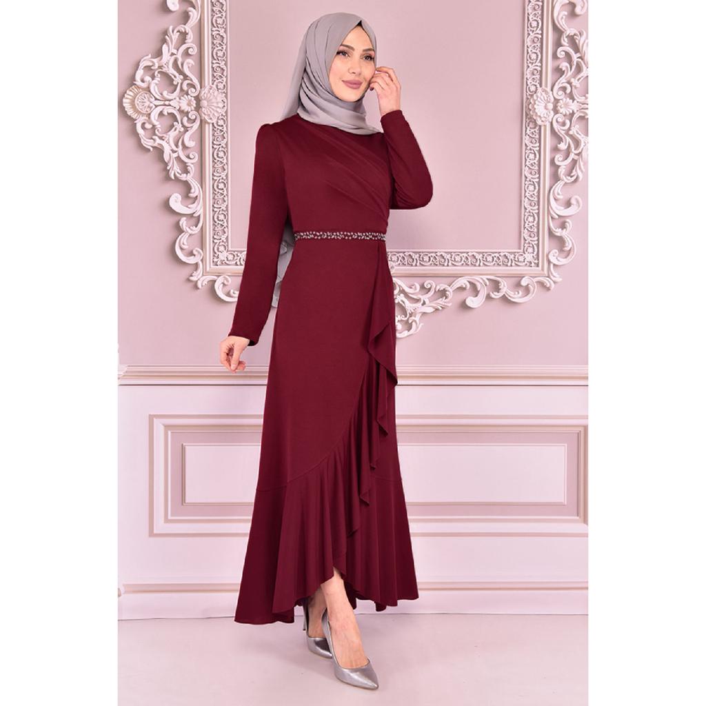 Women's Clothing Evening Dress Fashion Skirt Flounced Belt Stoned Hijab Evening Dress 2497 Black