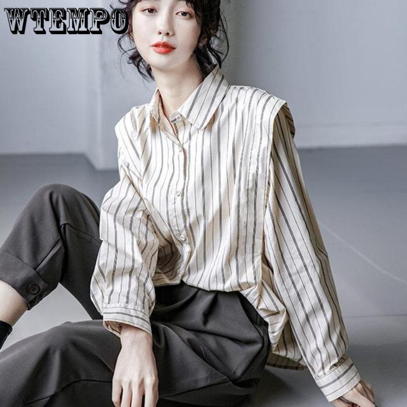 Весенне-осенняя женская рубашка с длинным рукавом и вертикальными полосками, небольшой модный топ