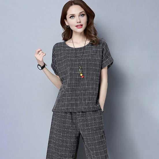 Женский клетчатый комплект из 2 предметов: повседневный комплект из топа с круглым вырезом, короткими рукавами, укороченными брюками и карманами, летний свободный комплект для отдыха