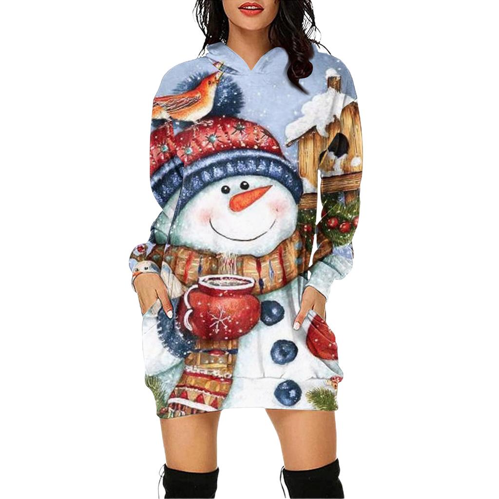 Women's Christmas Print Long-Sleeved Hooded Pocket Pullover Dress