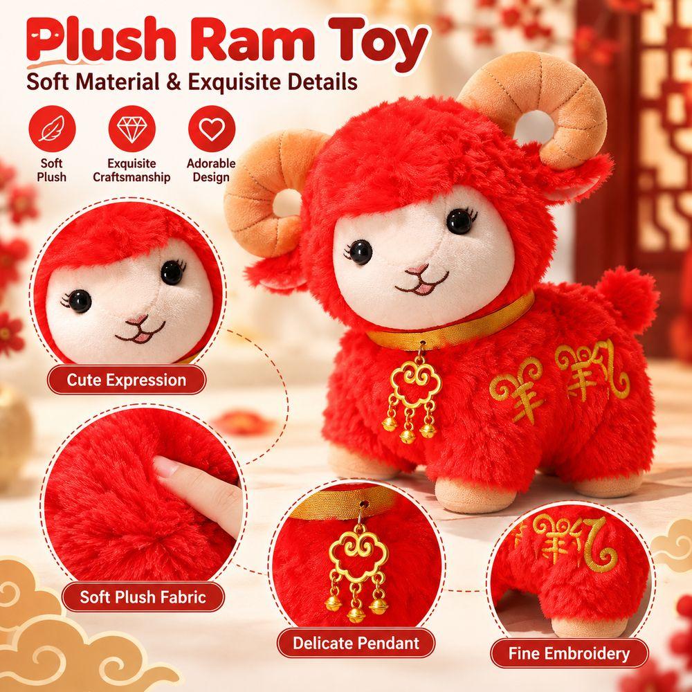Red Plush Goat Stuffed Animal Fluffy Fur Year of the Sheep Mascot Gifts Sheep Plush Toy Home Decor