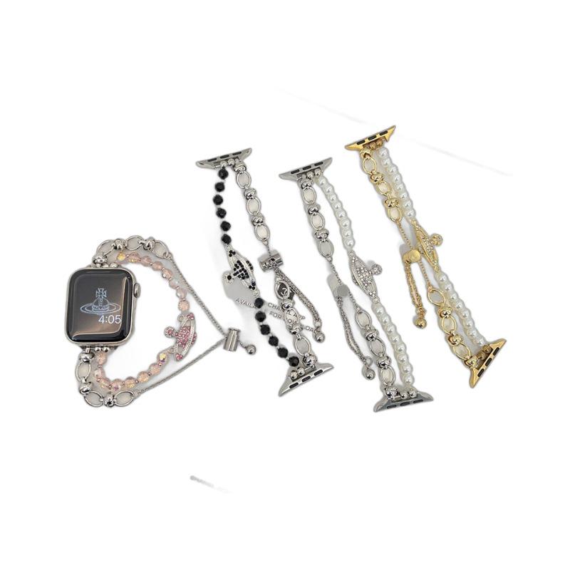 Элегантный металлический браслет королевы-матери для Apple Watch 10, 9, SE, 8, 7 — с цепочкой из 654 бусин.