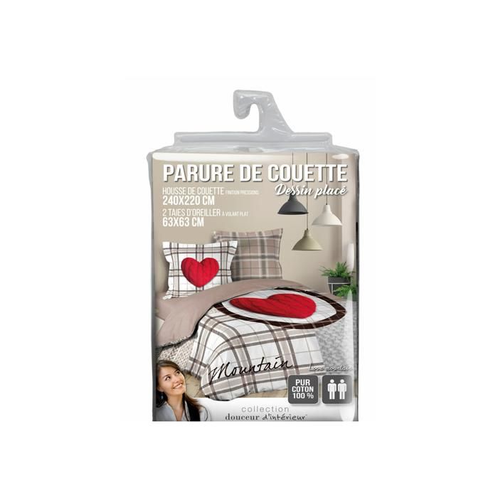 Parure de lit 3 pièces en coton avec imprimé tartan et coeur love mountain - beige et rouge - 240 x 220 cm