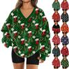 Женский модный пуловер с V-образным вырезом, рождественским принтом, длинным рукавом, повседневный, плюшевый, теплый, с карманом, толстовка, топ
