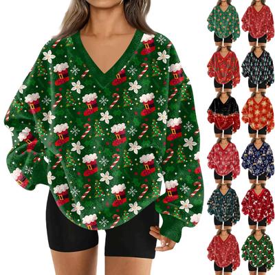 Женский модный пуловер с V-образным вырезом, рождественским принтом, длинным рукавом, повседневный, плюшевый, теплый, с карманом, толстовка, топ