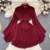 Women's Fashion Spring Fall Solid Color Print Long Sleeve High Neck High Waist Casual Dresses
