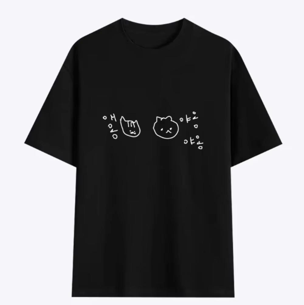 Korean Cute Cat Happy Life Doodle Short-sleeved Printed T-shirt Top Women Kawaii Line Art Cat Meme Graphic Casual Y2k Streetwear
