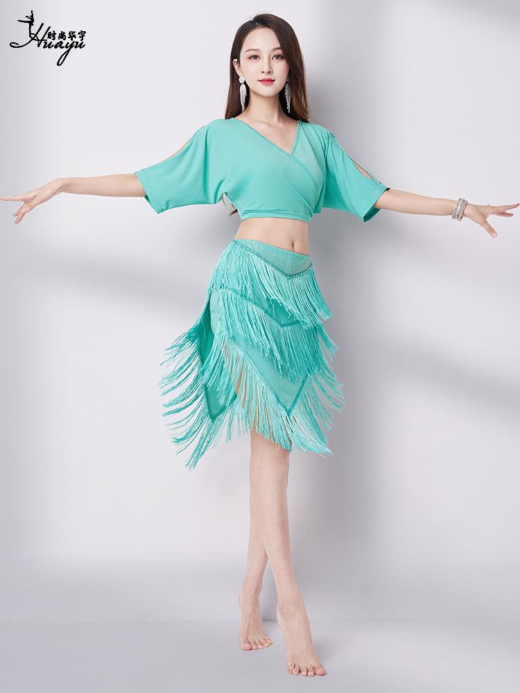 Летний комплект с V-образным вырезом и юбкой с кисточками для танца живота 2025 - Сексуальный восточный костюм для выступлений для женщин