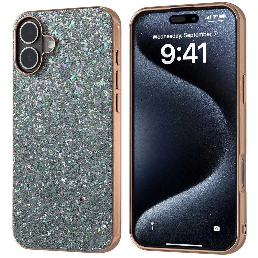 For iPhone 16 Case Electroplating Phone Cover Colored Glitter Design PU+TPU Protective Case - Gardenia White