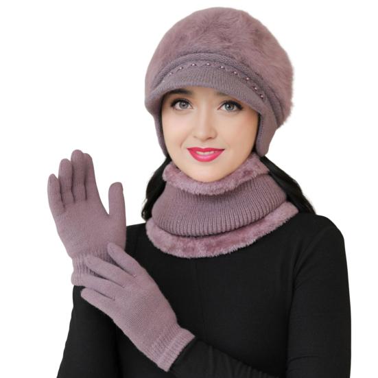 3 шт./комплект для женщин среднего возраста, зимняя шапка, шарф, перчатки, комплект, толстая трикотажная защита ушей