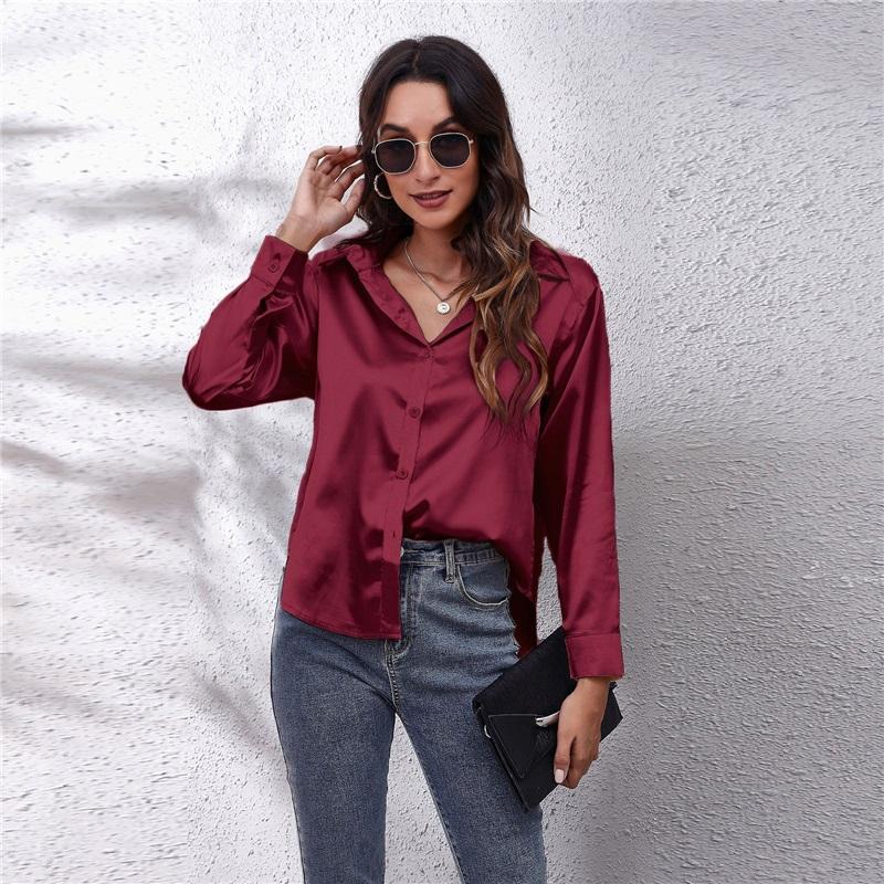 Women's Satin Blouse Long Sleeve V Neck Casual Button Down Shirt