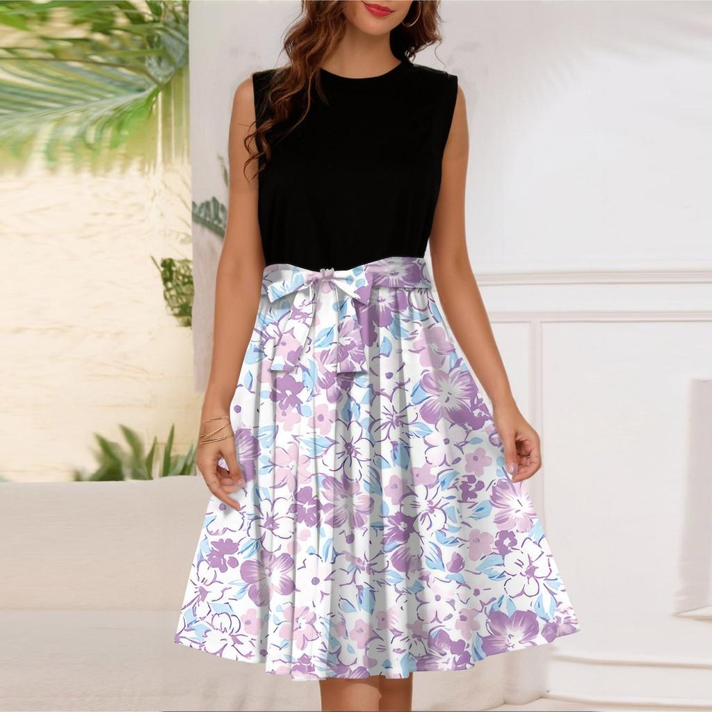 Женское модное повседневное короткое платье без рукавов со шнуровкой и круглым вырезом