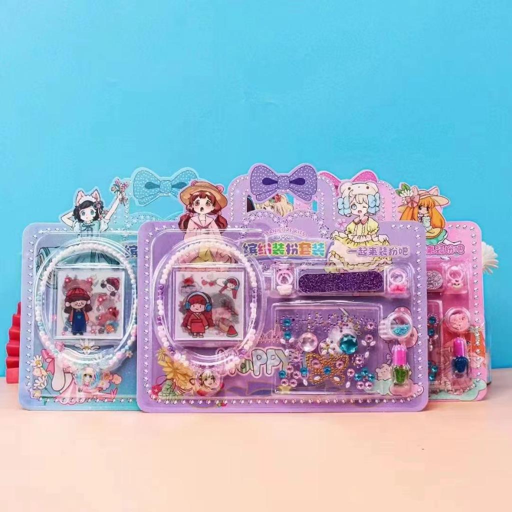 Kids Stickers Nail Polish Makeup Kit Girls Princess Dress Up Stickers Necklace Ring Set Children'S Play House Toys Gifts