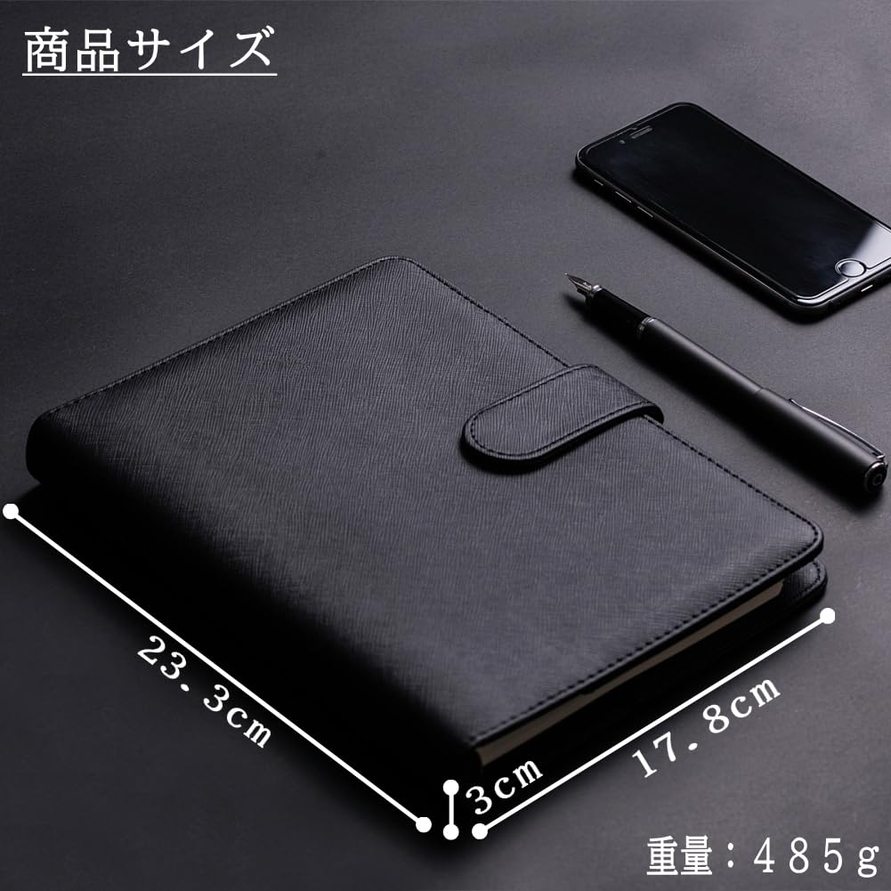 Кожаный бизнес-планер формата А5 на кольцах с магнитной кнопкой, 100 листов 6-отверстной бумаги, держателем для ручки и карманом для карточек, (черный)