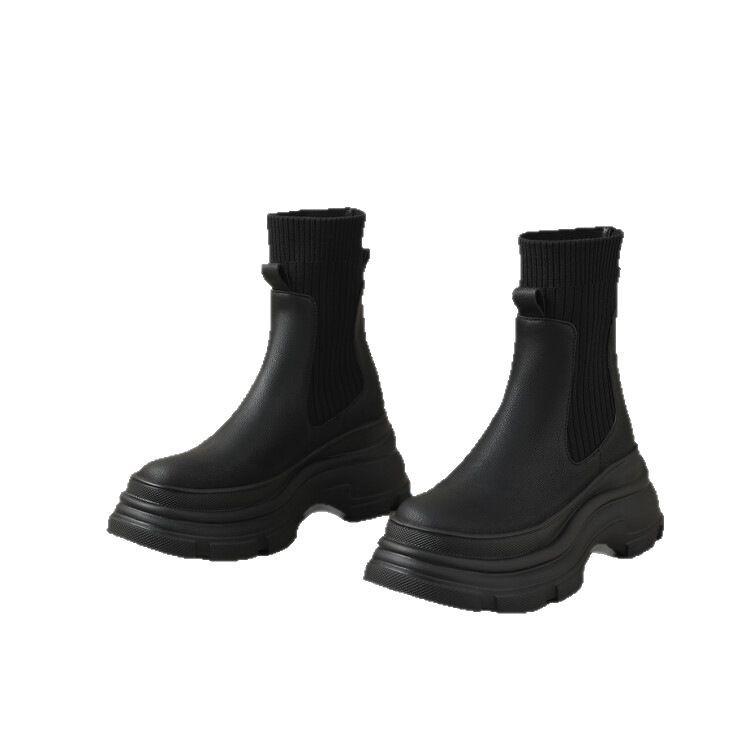 Женские низкие ботинки 2025 осень и зима новая круглая голова средний каблук толстая подошва ботинки Мартин подошва-маффин тонкие короткие ботинки женский тренд