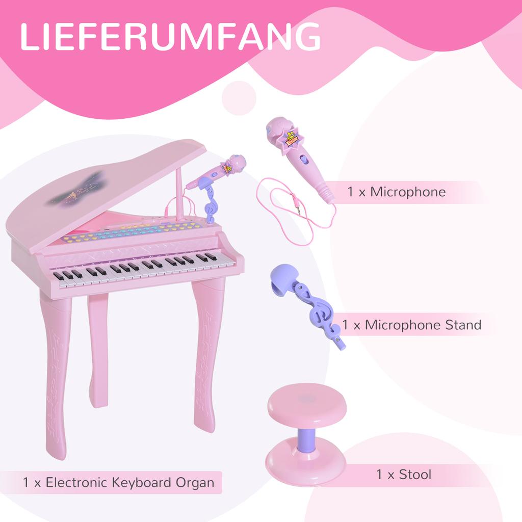 Kids Keyboard with 37 Keys, Stool Piano with Microphone, LED Learning Mode, Recording, Piano Musical Instrument for 3-6 Year Old Children Pink