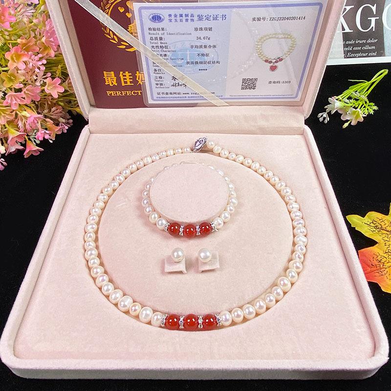 Natural Freshwater Pearl Necklace Green Chalcedony Pendant Genuine Pearl Jewelry Set Geometric Design Office/career Style