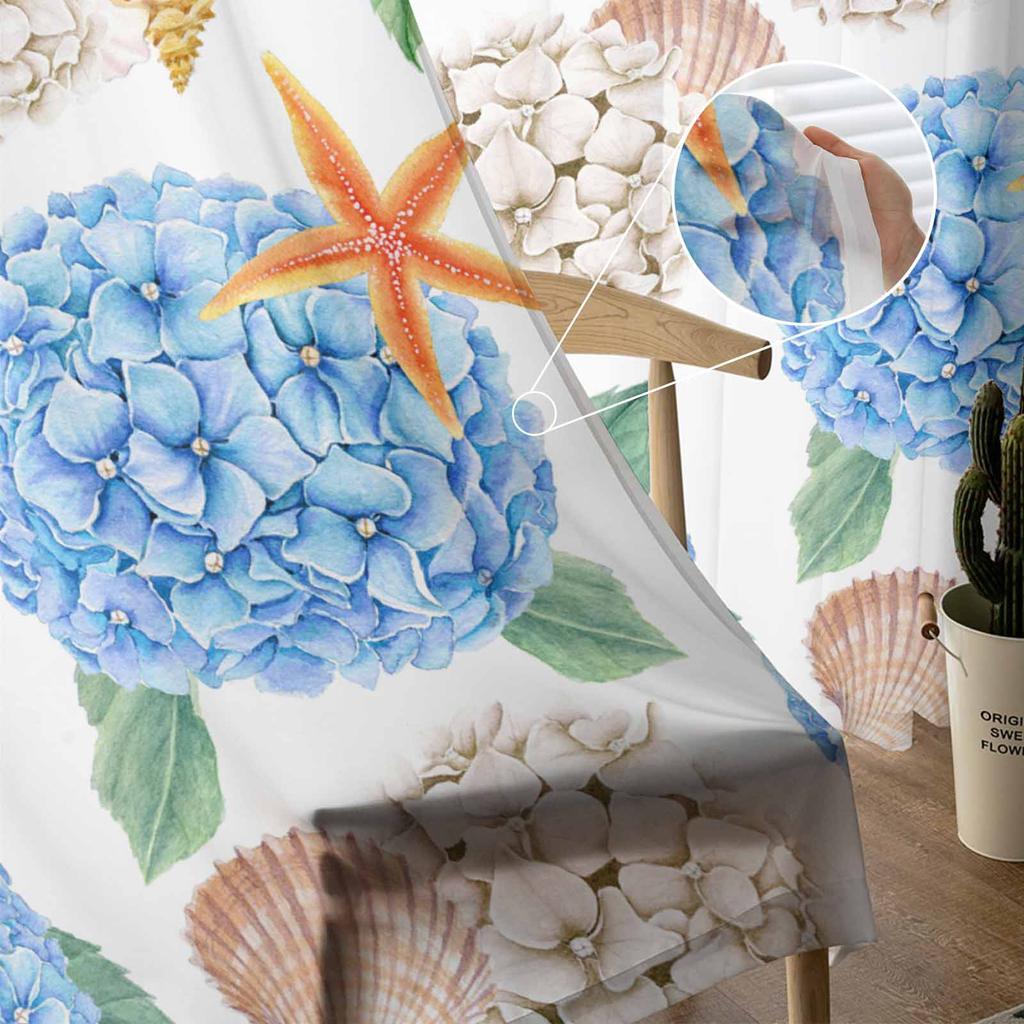 Акварельная гортензия, морская звезда, ракушки, полупрозрачные шторы для декора гостиной, оконные шторы, кухонные тюлевые вуалевые шторы