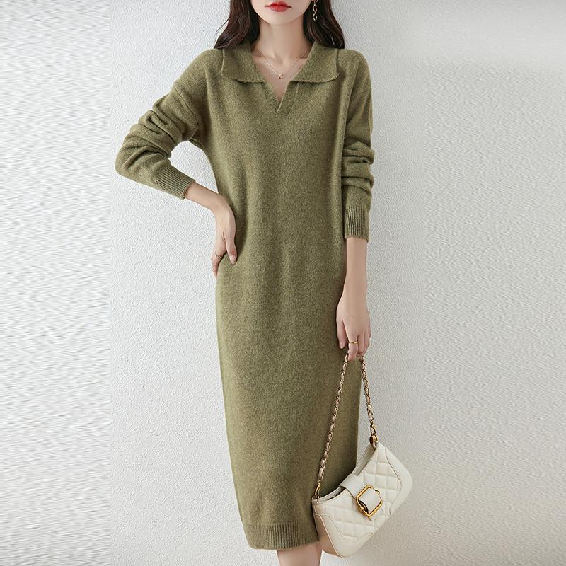Женское платье-свитер 100% шерсть MODERN NEW SAGA V-образный вырез трикотажный длинный пуловер воротник поло зимние джемперы шерстяное длинное платье женское