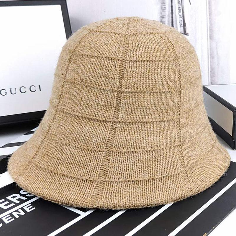 Кашемировая вязаная клетчатая шляпа-ведро Женская осень-зима теплая вязаная шерстяная шапка простая и элегантная однотонная рыбацкая шапка Шапка для бассейна