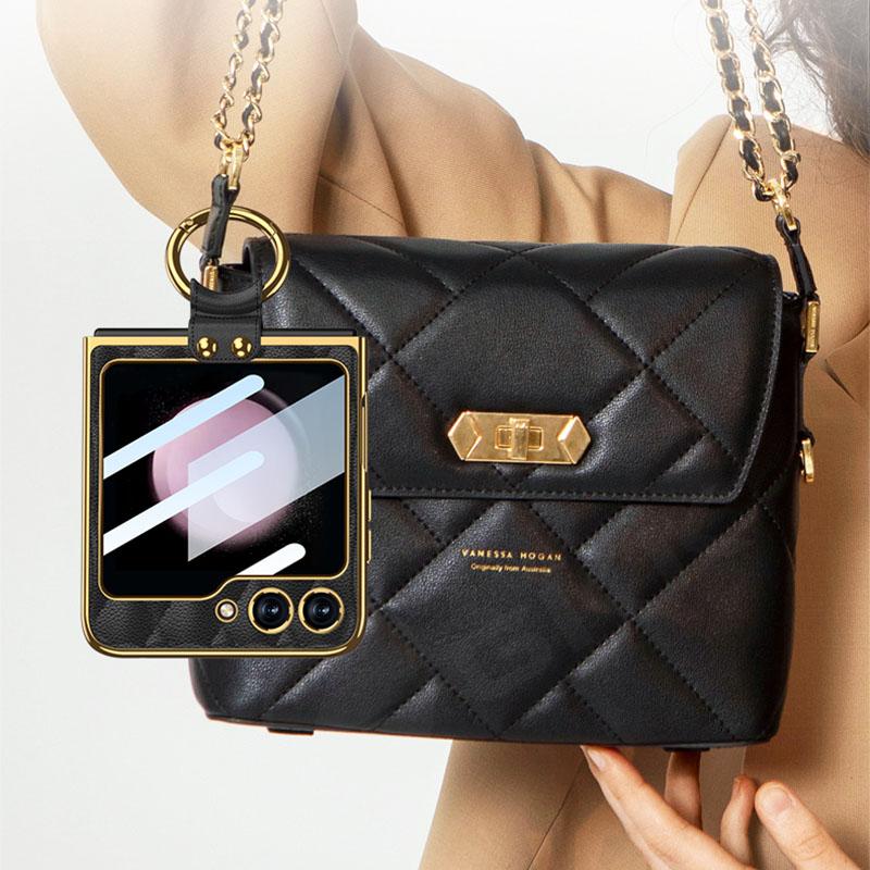 Роскошный кожаный чехол-кольцо с гальваническим покрытием для Samsung Galaxy Z Flip 5 5G, стеклянная твердая задняя крышка для экрана для Galaxy Z Flip5